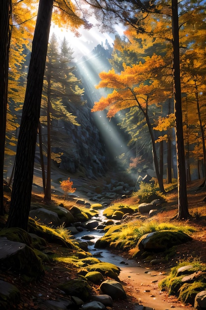 Foto des Herbstgebirges, des Waldes, des Flusses, des Moos, der Steine, der Sonnenstrahlen, der Tapeten