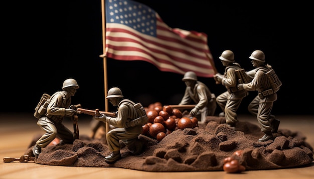 Foto des Iwo-Jima-Denkmals, aber als Ersatz dienen Spielzeugsoldaten, die die amerikanische Flagge hissen