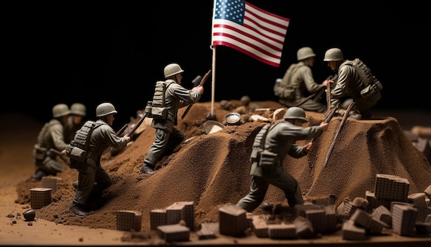 Foto des Iwo-Jima-Denkmals, aber als Ersatz dienen Spielzeugsoldaten, die die amerikanische Flagge hissen