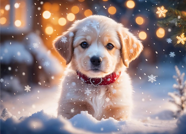 Foto des kleinen Welpen in der Schneeweihnachtszeit