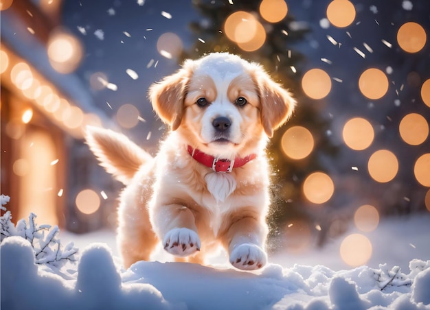 Foto des kleinen Welpen in der Schneeweihnachtszeit