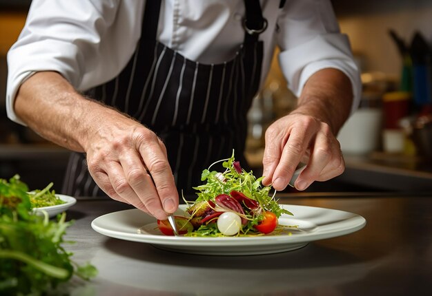 Foto foto des kochs, der restaurantspeisen in der küche garniert und dekoriert