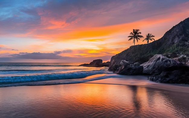 Foto des paradiesischen Strandes tagsüber mit Sonnenuntergang