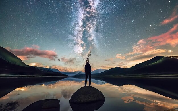 Foto foto des sees bei nacht mit bergen im hintergrund und sternenhimmel