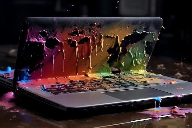 Foto foto des symbolischen zerrissenen und nassen laptops