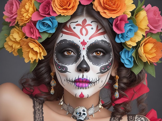 Foto des Tages der Toten Calavera Catrina Frau mit traditionellem Zucker Schädel Make-up 3D