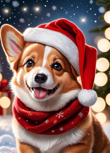 Foto des weihnachtlichen süßen Corgis mit Weihnachtsmütze und rotem Schal