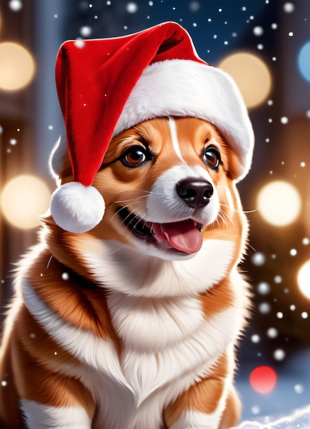 Foto des weihnachtlichen süßen Corgis mit Weihnachtsmütze und rotem Schal