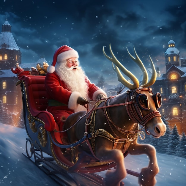 Foto des Weihnachtsmanns auf einem Schlitten mit Hirsch und Geschenkbox