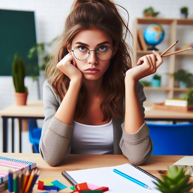 foto desagradável jovem professora usando óculos senta-se à mesa com a escola Ai gerar