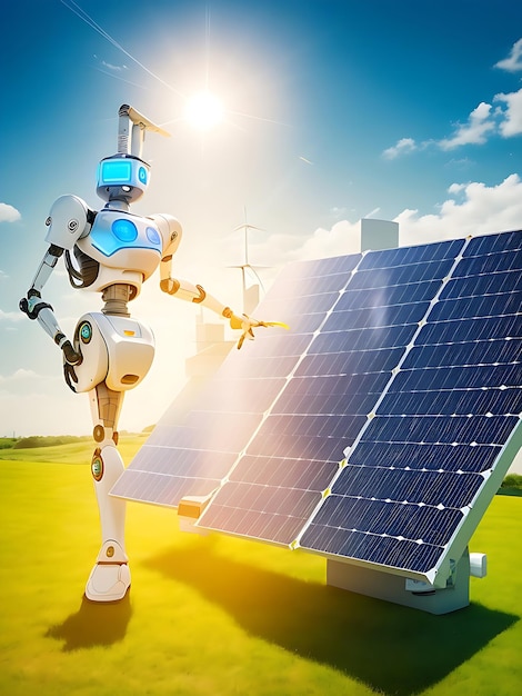 Foto desarrollo de energía sostenible a través de tecnología inteligente con robot con panel solar en luz b