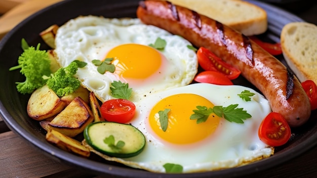 Foto del desayuno y la cena con salchichas fritas, huevos de ojo de buey, calabacín