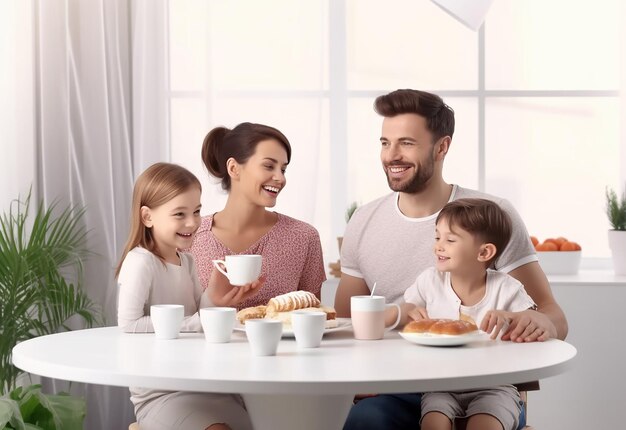 Foto del desayuno familiar por la mañana en casa juntos.