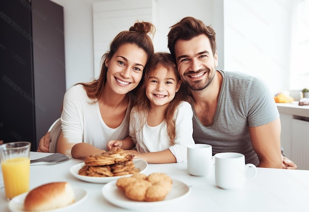 Foto del desayuno familiar por la mañana en casa juntos.