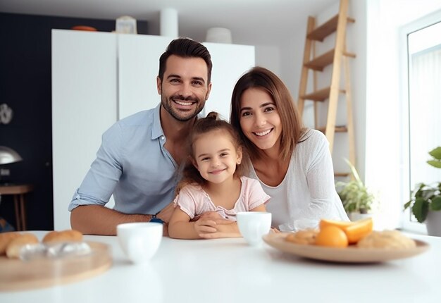 Foto del desayuno familiar por la mañana en casa juntos.