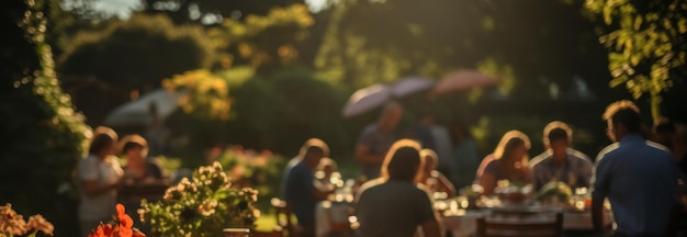 Foto desfocada de uma família fazendo churrasco e piquenique no jardim