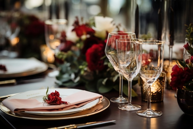 Foto detalhada da configuração da mesa na IA generativa da recepção de casamento