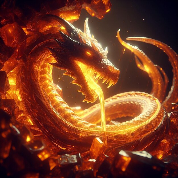 Foto foto detalhada de um dragão enrolado saindo de um pedaço de âmbar brilho suave