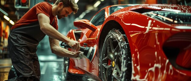 Foto detallada de un detallista profesional de automóviles usando una máquina de pulir eléctrica para limpiar el guardabarros de un automóvil deportivo rojo después de lavarlo y detallarlo