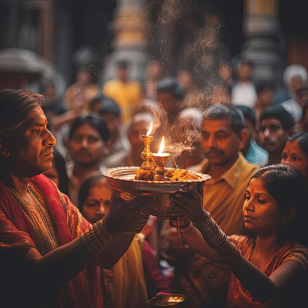 Una foto de devotos realizando Aarti, un ritual hindú de ofrecer luz a la deidad