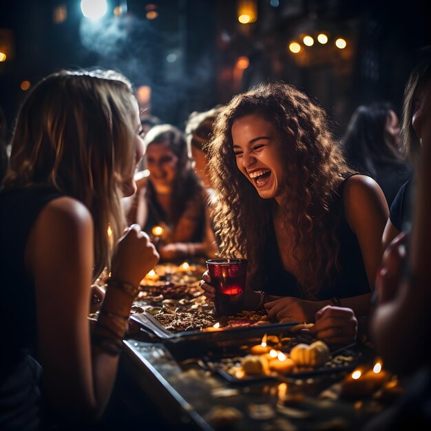 Foto foto dia das bruxas conceito jovens amigos se divertindo nos arranjos da festa de halloween ai generativa