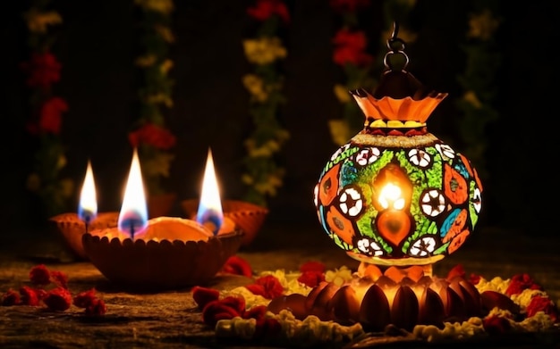 Foto del día de Diwali, el festival de las linternas de Diwali en el fondo con velas y luces borrosas