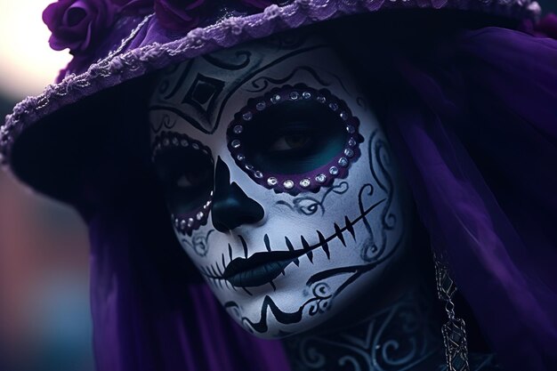 Foto foto dia de los muertos retrato de una mujer joven con maquillaje de cráneo de azúcar retrato de calavera