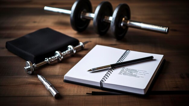 Foto una foto de un diario de fitness y un bolígrafo en un escritorio de madera