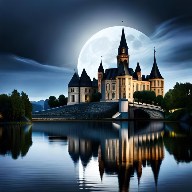 Foto un dibujo de un castillo con luna y nubes.