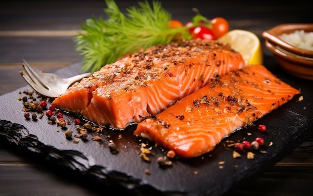 Foto de diferentes platos sabrosos de pescado de salmón