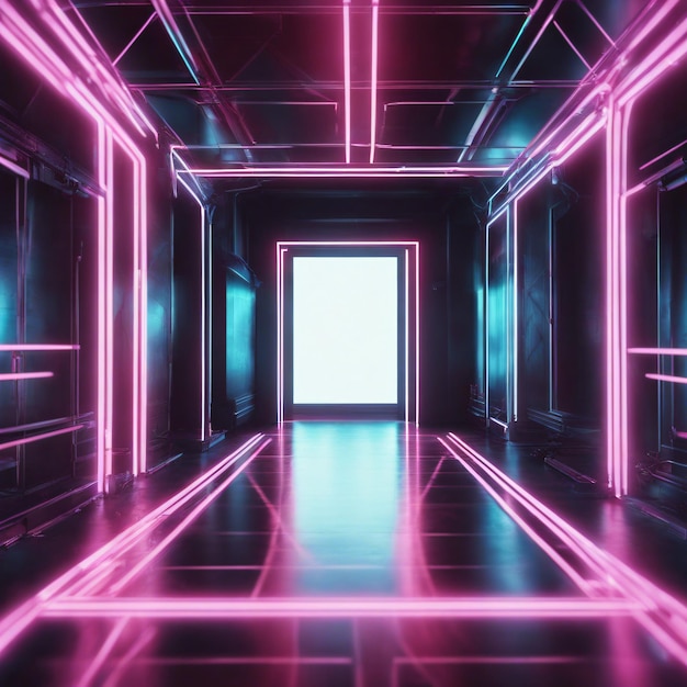 Foto digital futurista cena de show vazia abstrato fantasia geométrica brilho linha de néon fundo
