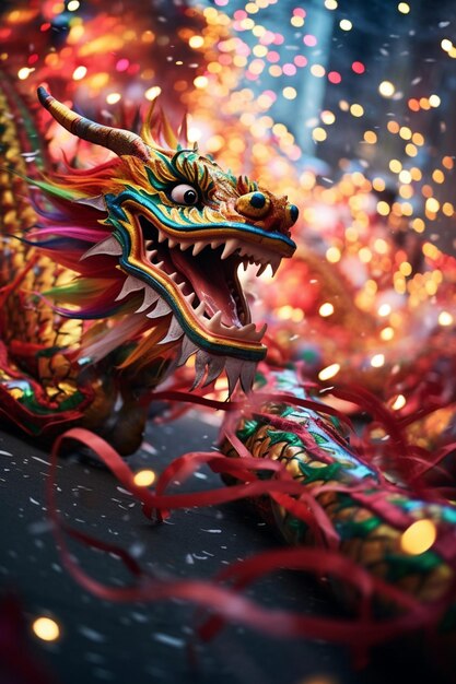 Una foto dinámica de un desfile de dragones chinos