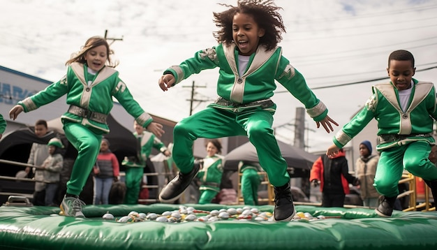 Una foto dinámica y divertida de niños jugando en una feria del Día de San Patricio