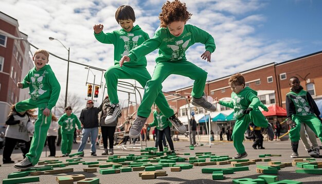 Una foto dinámica y divertida de niños jugando en una feria del Día de San Patricio