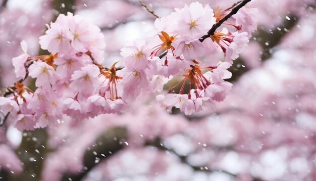 Una foto dinámica de las flores de cerezo cayendo como copos de nieve