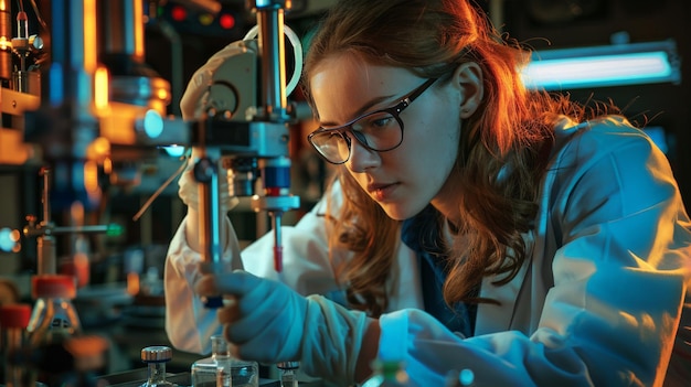 Una foto dinámica que captura a mujeres científicas o ingenieras en un laboratorio o entorno industrial trabajando en experimentos o maquinaria El enfoque está en la experiencia en innovación y romper los estereotipos en los campos STEM