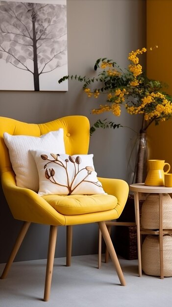 Foto del diseño interior de la habitación con sillón y planta en maceta.