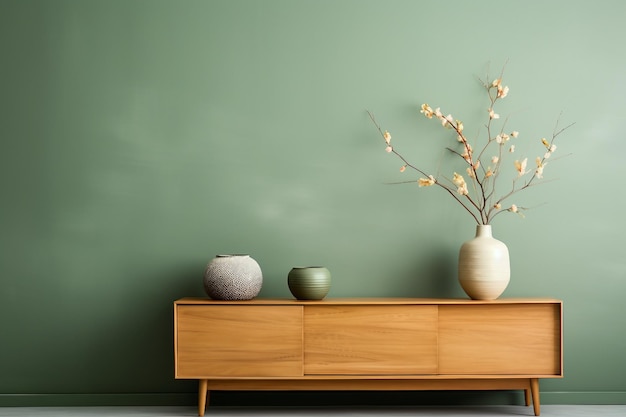 Foto diseño interior realista Elegante diseño de interiores de la sala de estar cómoda de madera jarrón beige y accesorios creativos para el hogar Pared verde salvia
