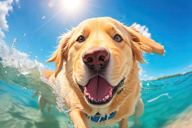 Foto divertida submarina del cachorro golden labrador retriever en natación ai generativo