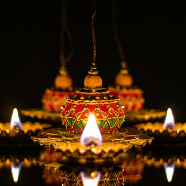Foto Diwali-Tag-Festival Diwali-Lampen Hintergrund mit Kerzen und verschwommenen Lichtern