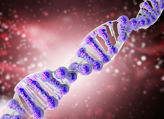 Foto DNA-Struktur goldenes DNA-Molekül auf violettem Hintergrund