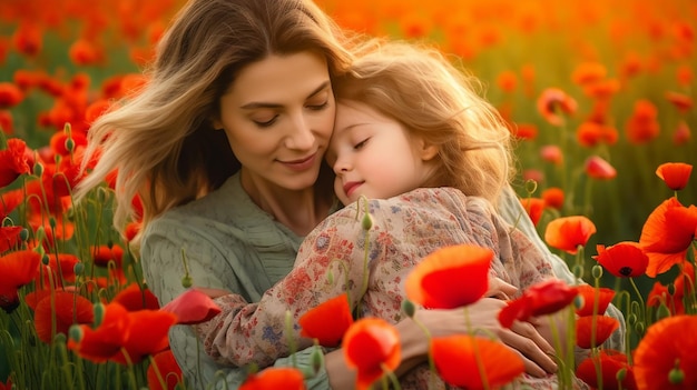 Foto do amor da mãe e da filha na paisagem natural bonita da flor da papoula