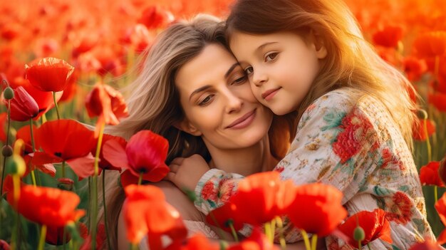 Foto do amor da mãe e da filha na paisagem natural bonita da flor da papoula