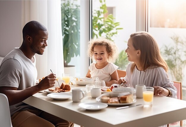 Foto foto do café da manhã em família em casa juntos