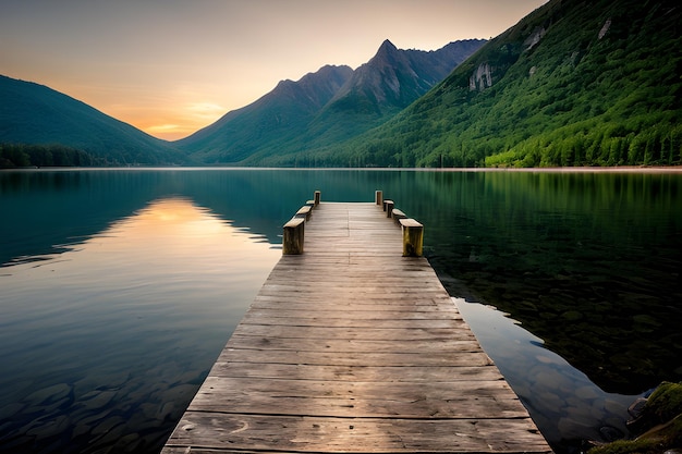 foto do cais de madeira vazio em um lago durante um pôr-do-sol de tirar o fôlego um fundo fresco pacífico