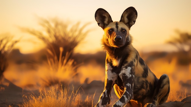 Foto do cão selvagem africano na savana ao pôr do sol