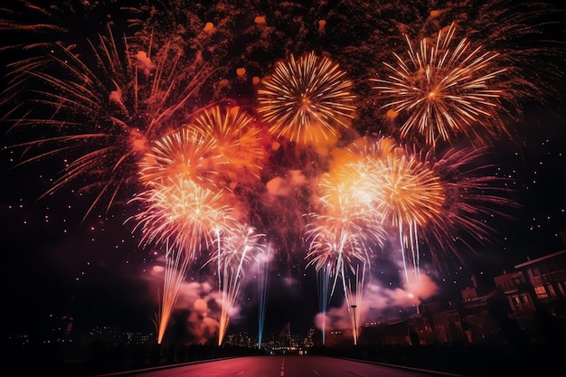 Foto do céu noturno cheio de fogos de artifício gerados por ai