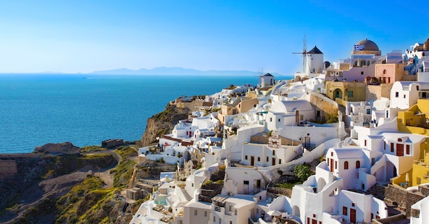 Foto do conceito de férias de viagem. Ilha de Santorini / Grécia