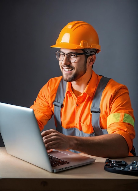 Foto do construtor em um colete de construção e capacete laranja de pé no fundo do estúdio