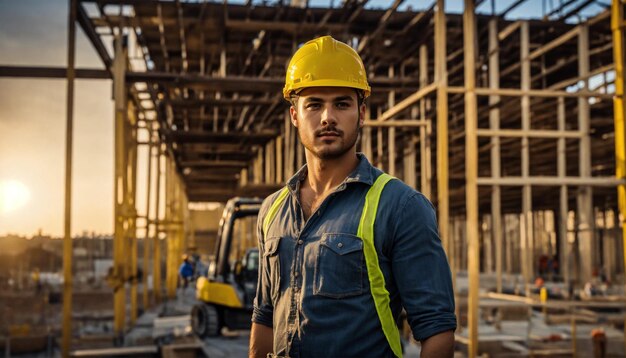 Foto do construtor em um colete de construção e capacete laranja de pé no fundo do estúdio